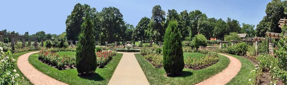 Small, panoramic photo of the Laura Conyers Smith Rose Garden in Loose Park, Kansas City, MO.